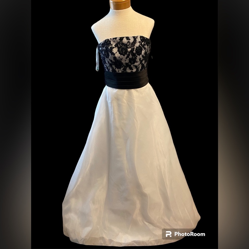 Alfred Angelo 1739 Strapless Black and White A- line wedding gown with a train